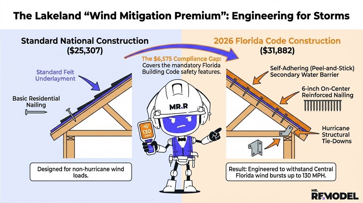 A 2026 Lakeland roofing cost summary infographic illustrating the $6,575 compliance premium for mandatory Florida wind-mitigation and secondary water barrier engineering.